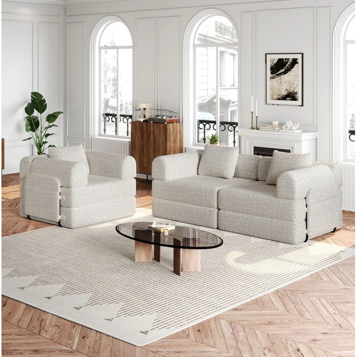 Schlafsofa aus Chenille, 2-in-1 mit Armlehnen-Ablagefach, 274x91,4x69,8 cm, Khaki – Bild 2