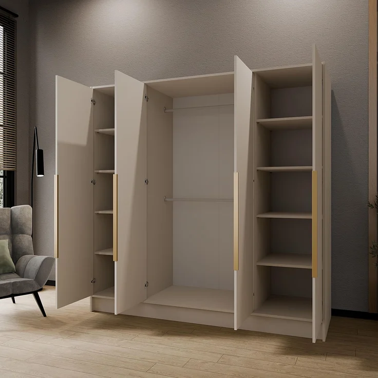 MEBLINI Kleiderschrank PORTINA 200cm - Kaschmir - mit goldfarbenen Griffen - Drehtürenschrank ohne Spiegel - Kleiderstangen und Regalböden – Bild 4