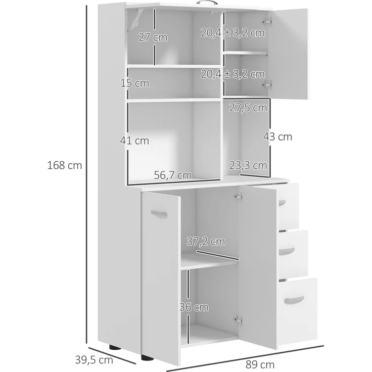 Wohnora-Küchenschrank, Buffet, 3 Schubladen, 3 Regale, viel Stauraum, 89x39,5x168cm, Weiß,H 1680cm x T 890cm x B 395cm – Bild 4