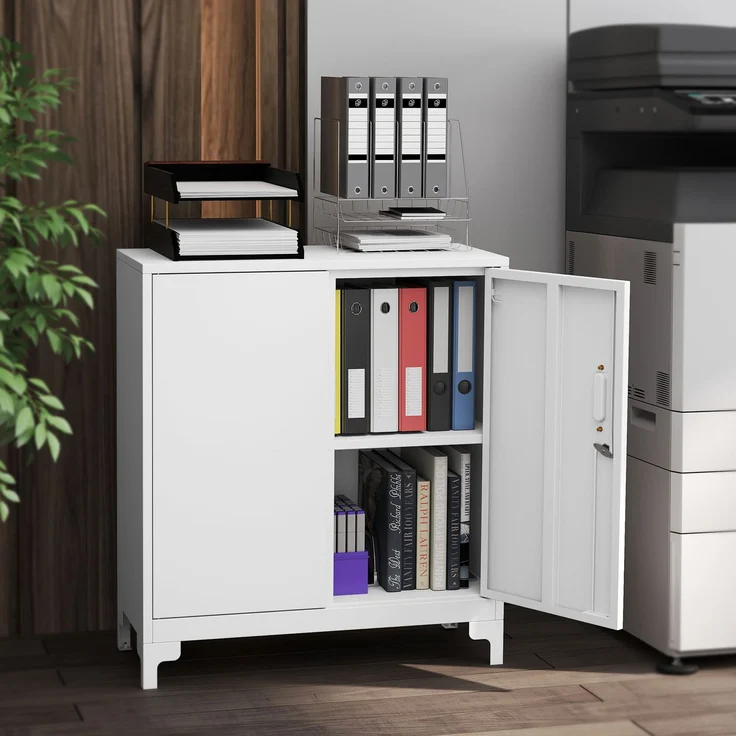 Büroschrank aus Metall, verschließbare Türen, Bürokommode, 2-stufiges Design, Weiß--Weiß--91x35x80cm--YOUDENOVA – Bild 10