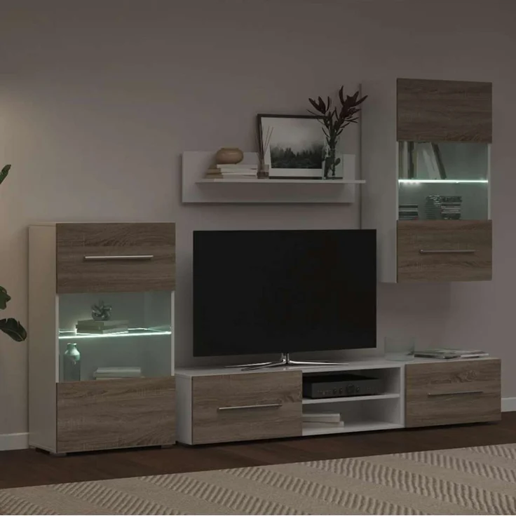 5-tlg. Wohnwand Schrankwand mit LED-Beleuchtung Sonoma-Eiche Holzwerkstoff – Bild 4