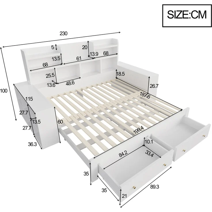 Abrihome Ausziehbares Schlafsofa aus Holz, Weiß, 90/180x200 cm, Stauraum, LED, Steckdose – Bild 9