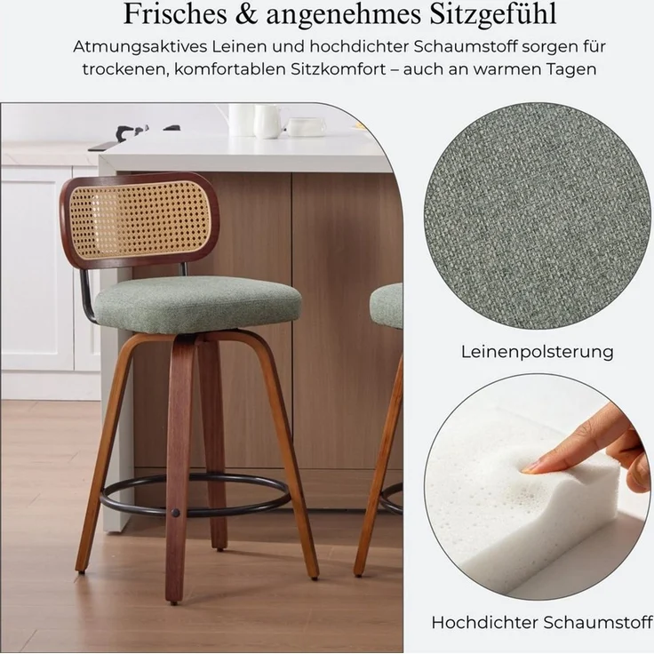 SeedWave Barhocker 3er-Set Tresenhocker mit Drehfunktion und PE-Rattanlehne (3er Set), 65 cm Sitzhöhe mit Metallfußstütze für Kücheninseln – Bild 4