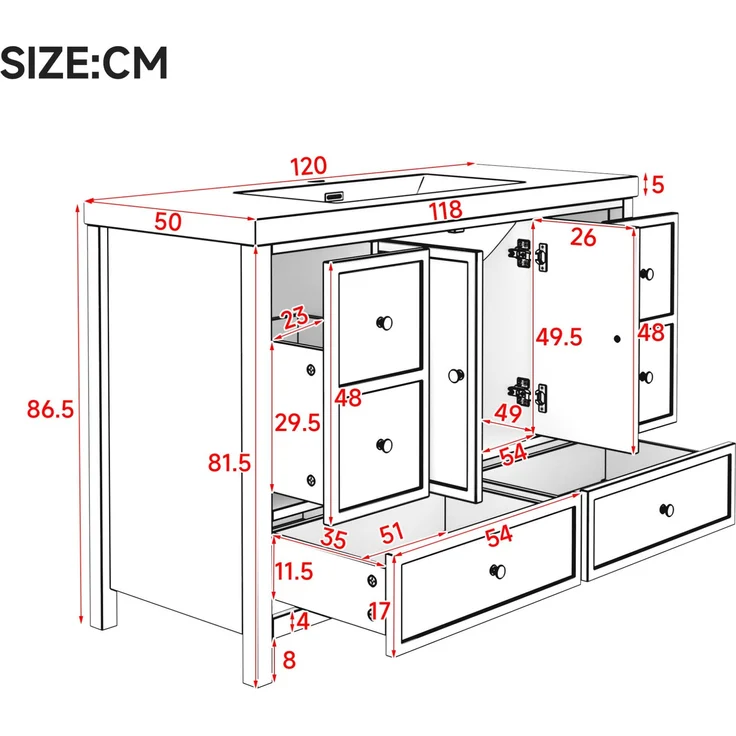 Waschtisch 120x50x86,5 cm – Standwaschtisch mit 4 Schubladen & Harzbecken, Schwarz – Bild 4