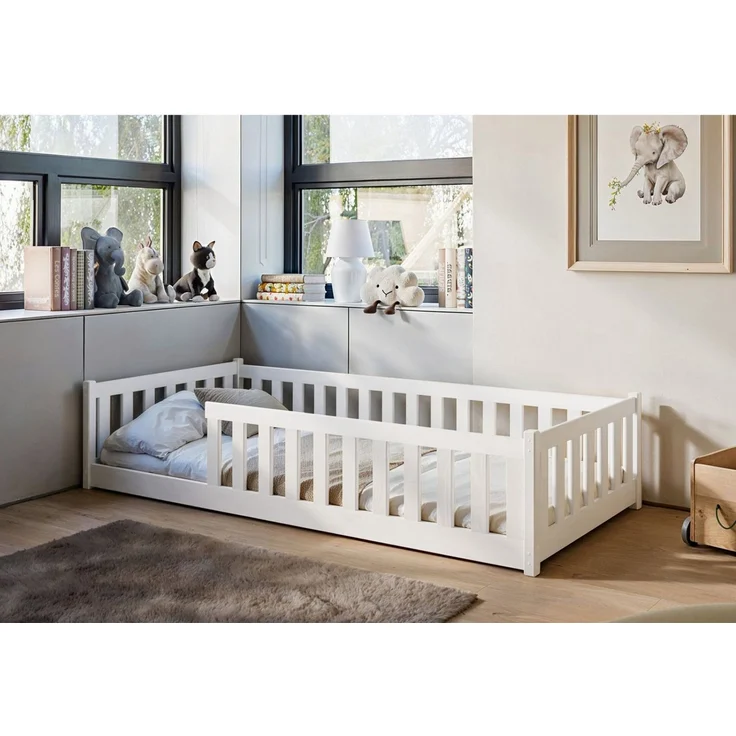 Kinderbett Bodenbett 90x200 cm Bett mit Rausfallschutz & Lattenrost Montessori Bett Bed Gitterbett Kinder Jugendbett Einzelbett | weiß Kiefer Holz massiv Junge Mädchen – Bild 2