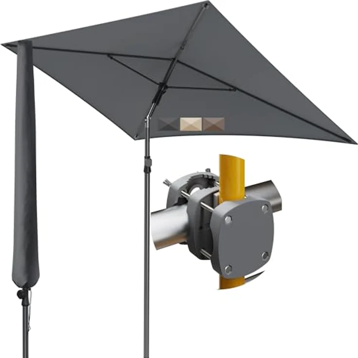 Menz Sonnenschirm Balkon - 3-IN-1 Sonnenschutz Balkon SET in Anthrazit, UPF 50+ Sonnenschirm rechteckig 200x125 cm + kompakter Sonnenschirmhalter Balkongeländer + Sonnenschirmhülle – Bild 2