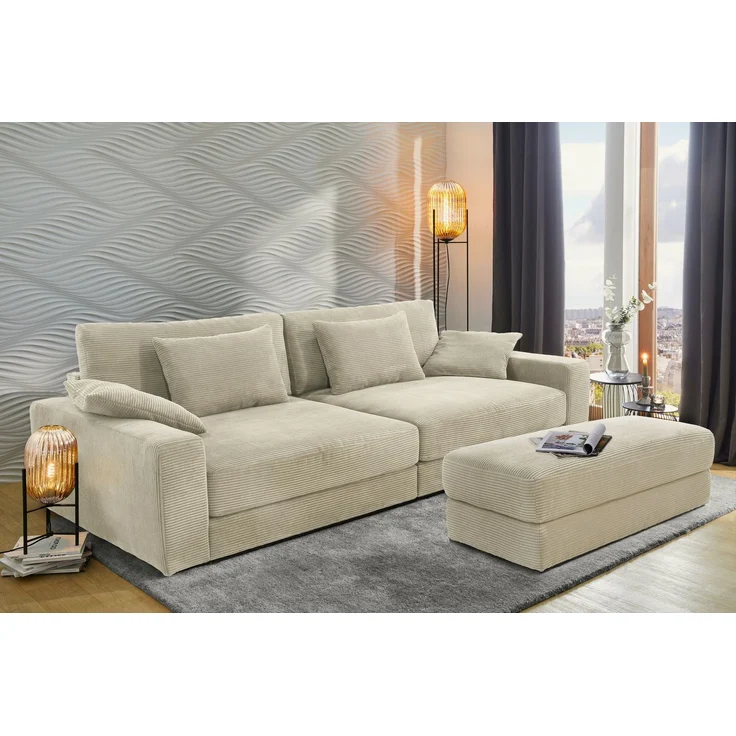 Big-Sofa 290cm breit Federkern Polsterung Lounge Couch extratief Cord Beige Grau – Bild 6
