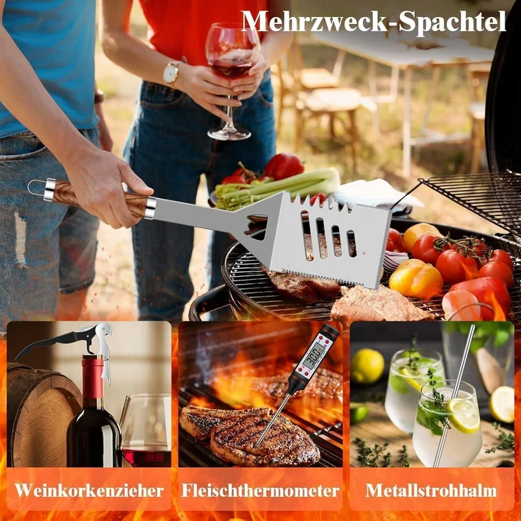 LuxusKollektion Grillbesteck-Set, 38-teilig, Edelstahl silber / Holz natur – Bild 3