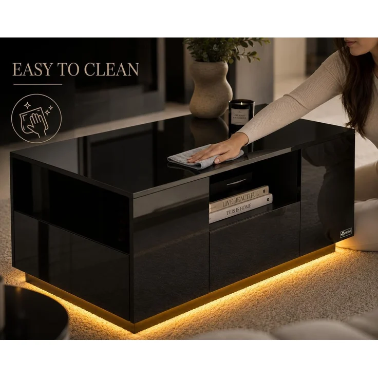 Makika LED Couchtisch mit Ablagefach und Schubladen, Holz schwarz, Hochglanz, 95 x 57 x 45 cm – Bild 6