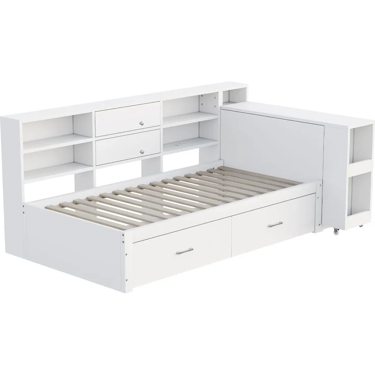 Merax Einzelbett, Jugendbett, Holzbett, Holzschlafsofa 90 x 200 cm, multifunktionaler Stauraum, 2 große Schubladen, Multifunktionssteckdose, ausziehbarer Schreibtisch, weiß – Bild 8