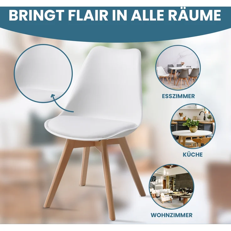 ALBATROS Esszimmerstühle 4er Set AARHUS, Weiss - Beine aus Buche Massiv-Holz, Skandinavisches Retro-Design, bequemer Schalenstuhl - Eleganter Küchenstuhl, Stuhl Esszimmer für Esstisch – Bild 5