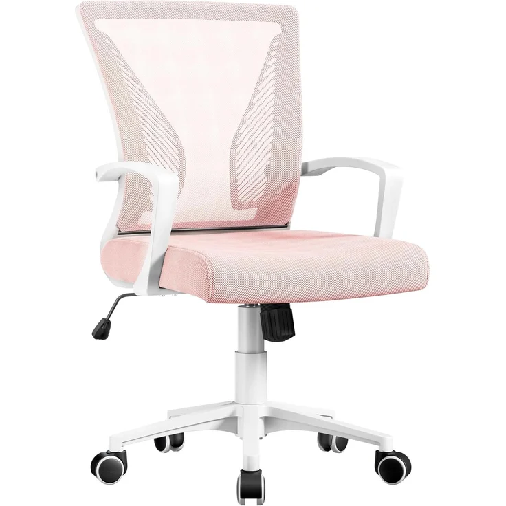 Yaheetech Bürostuhl Ergonomisch, Schreibtischstuhl mit Netzbespannung, Arbeitsstuhl mit Armlehnen, Chefsessel aus Mesh, höhenverstellbarer Computerstuhl 136 kg, atmungsaktiv, Wippfunktion Rosa