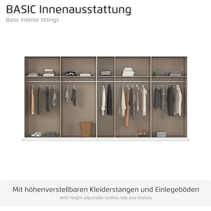 Rauch Möbel Alabama, Kleiderschrank für Schlafzimmer, Kinderzimmer, Wohnzimmer, Garderobe, Flur, 9-türig, Spiegel, mit Zubehör Basic, Farbe Weiß | Eiche Artisan, Breite 405 cm – Bild 6