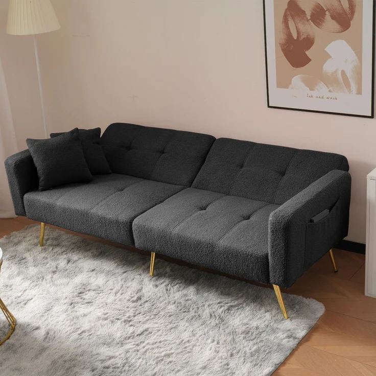 Schlafsofa mit Lammwollbezug, hochdichte Schaumstoffkissen, Rückenlehne neigbar bis 180°, vergoldete Beine, dunkelgrau – Bild 5