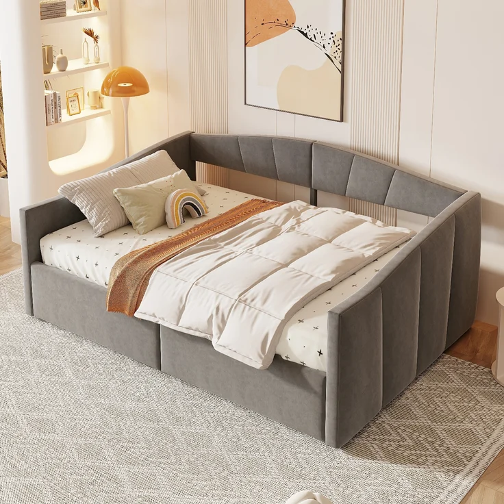 Polsterbett-Sofabett mit hydraulischem Stauraum, Lattenrost und Armlehnen, klassisches Streifendesign, vielseitiges Doppelbett, Samtstoff, 140×200 cm – Bild 3