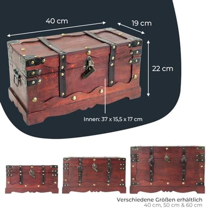 HMF Schatzkiste Schatztruhe Frankreich aus Holz mit dekorativem Metallschloss (1 St), handgefertigte Holztruhe, 40 x 20 x 22 cm – Bild 6