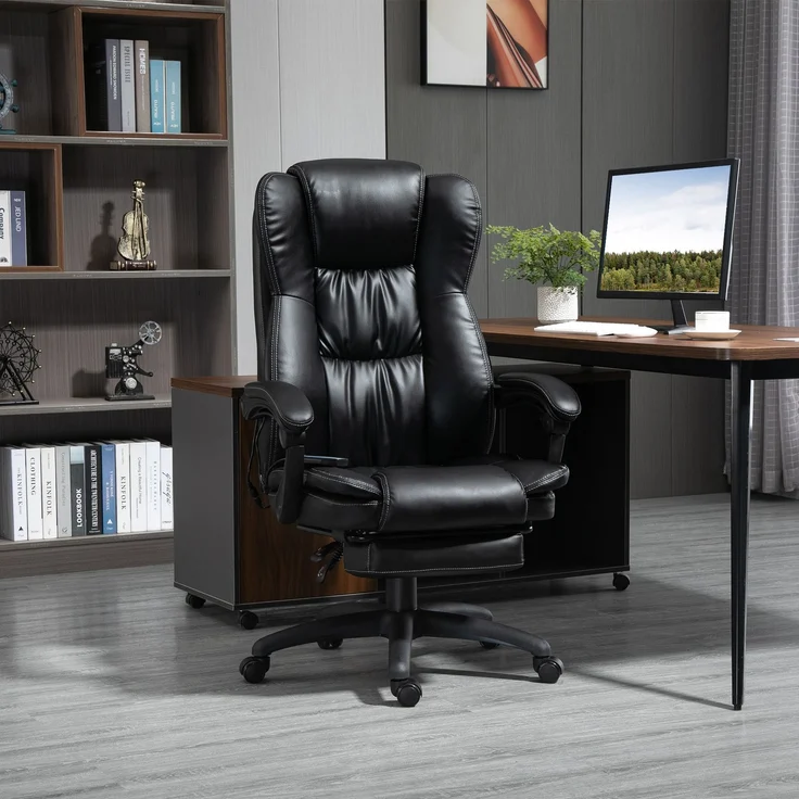MELAYR, Verstellbarer Drehstuhl mit Fußstütze, Kopfstütze, Massagefunktion, Kunstleder, 68.5x68.5x113-121cm, Schwarz – Bild 4