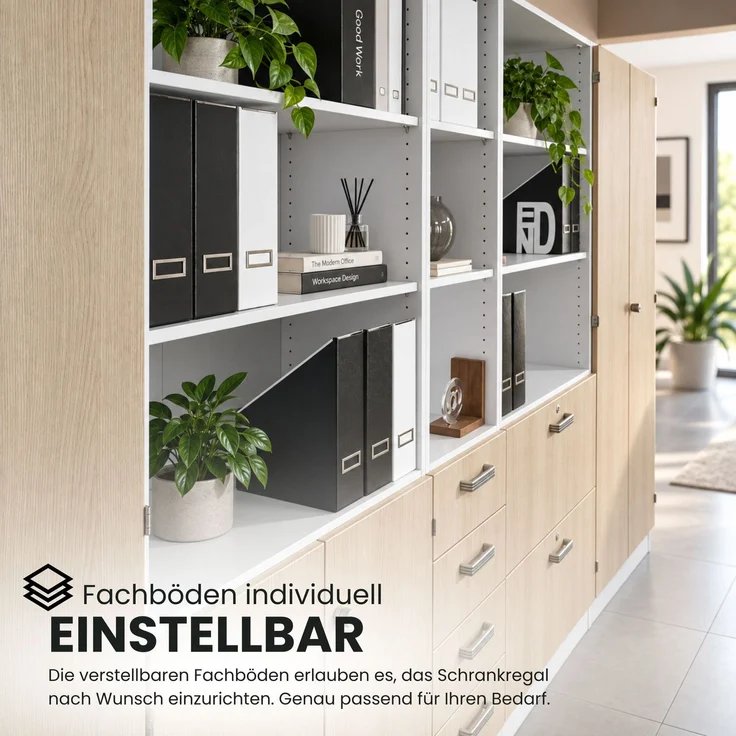 bümö office Aktenschrank abschließbar, 100 cm breit, 5 Ordnerhöhen, Weiß/Silber - breiter Büroschrank mit Flügeltüren, 4 verstellbaren Fachböden und Sockel, 6910-W-S-SG – Bild 5