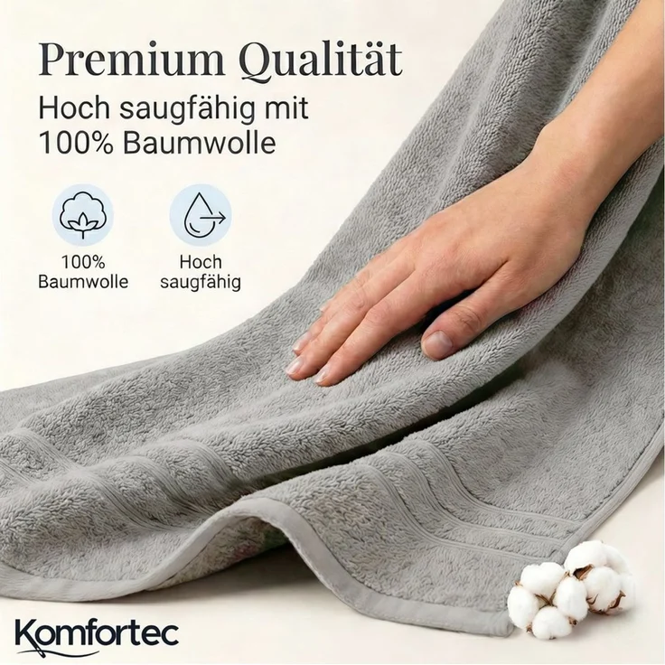 Komfortec Badetuch 100x200 cm aus 100% Baumwolle, Saunatuch XXL, Weich, Groß, Frottee, Schnelltrocknend, Silber – Bild 3