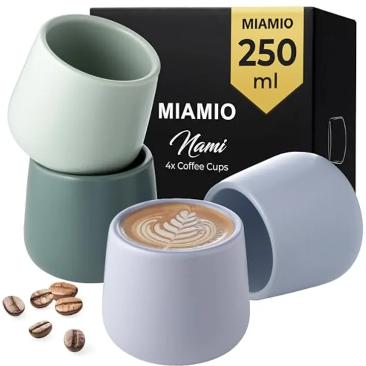 MiaMio Tasse Kaffeebecher Nami ohne Henkel Set 4er (250 ml) – Keramik Tassen, 4-tlg.