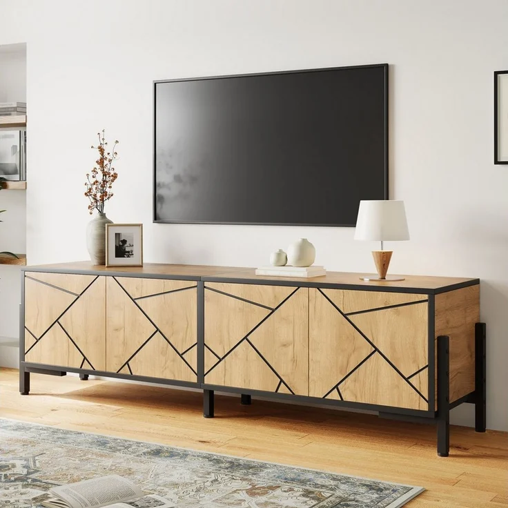MODFU TV-Schrank Naturfarbener TV-Ständer 153 cm mit schwarzen Linien & 4 Türen (Packung, 1-St, Geometrisches Kontrastdesign, MDF-Material) Geeignet für TV um die 65 Zoll, praktisches Wohnzimmer-Kabinett – Bild 2