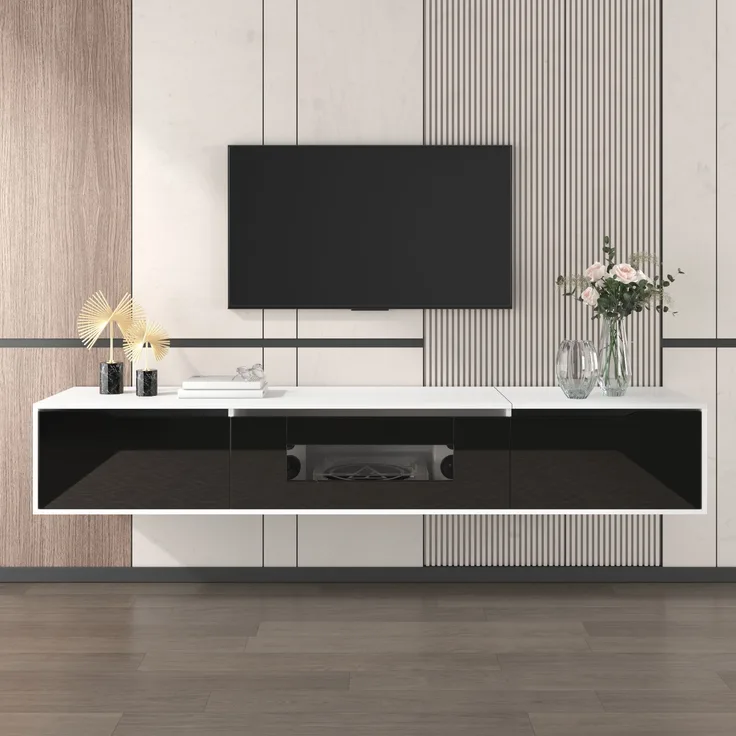 TV-Schrank, Hochglanz mit LED-Beleuchtung & geriffelten Türen, 180x35x30 cm, Weiß/Schwarz