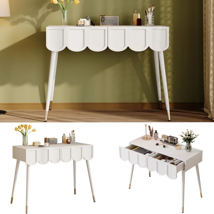 Schminktisch, Frisiertisch, mit 2 Schubladen, Metallfüße, weiß, Maße: B100 × T40× H76 cm--Weiß--100x40x76cm--YOUDENOVA