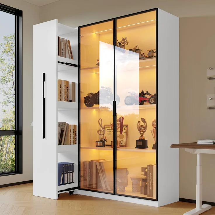 LED-Vitrine B 110,5 x T 35 x H 160 cm aus MDF mit Seitenauszug und bernsteinfarbenem Glas – Bild 1