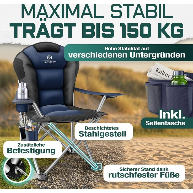 KESSER® Campingstuhl faltbar bis 150 kg Angelstuhl Faltstuhl Klappstuhl Gepolstert mit Armlehnen, Getränkehalter + Tasche mit hoher Rückenlehne, Strandstuhl, Klapphocker Navyblau / Schwarz – Bild 5