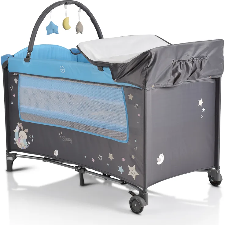 Moni Reisebett Sleepy Rollen, Wickelauflage, Matratze, Spielbogen, Seiteneingang grau-blau
