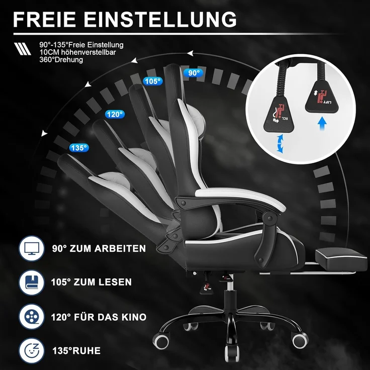 Devoko Massage Gaming Stuhl, Computer Bürostuhl mit Fußstütze, Racing Gamer Stuhl 150kg Belastbarkeit, 90-135° Rückenlehne einstellbar Ergonomischer PC Stuhl, 360° drehbar, Weiß – Bild 6