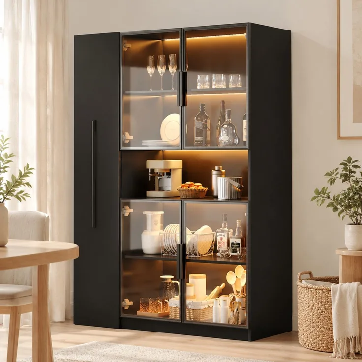 Vitrinenschrank mit Glasfront, LED-Beleuchtung & Ausziehregalen, 110x35x160 cm, Schwarz