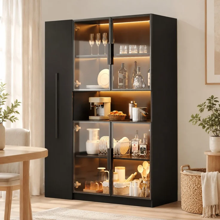 Vitrinenschrank mit Glasfront, LED-Beleuchtung & Ausziehregalen, 110x35x160 cm, Schwarz – Bild 1
