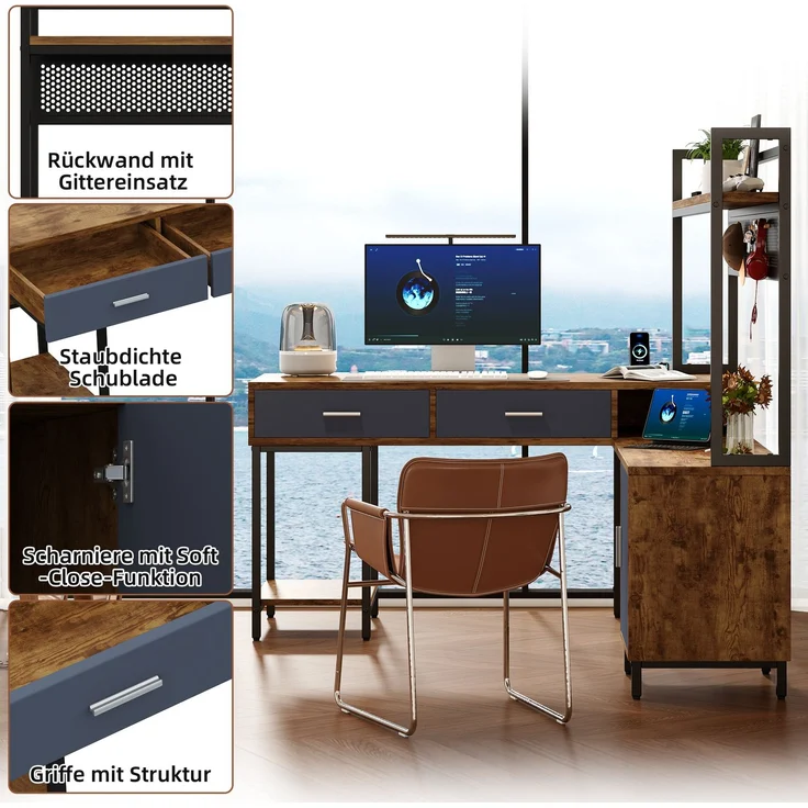 L-förmiger Schreibtisch 140x140x135 cm mit Stauraum, MDF und Metall – Bild 8