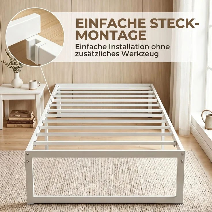 Bettgestell mit Stauraum und Stahl-Lattenrost, 32,5 cm hoch, geräuscharm, 200 x 90 cm, Weiß--Weiß--200.5x90.6x32.5cm--YOUDENOVA – Bild 7