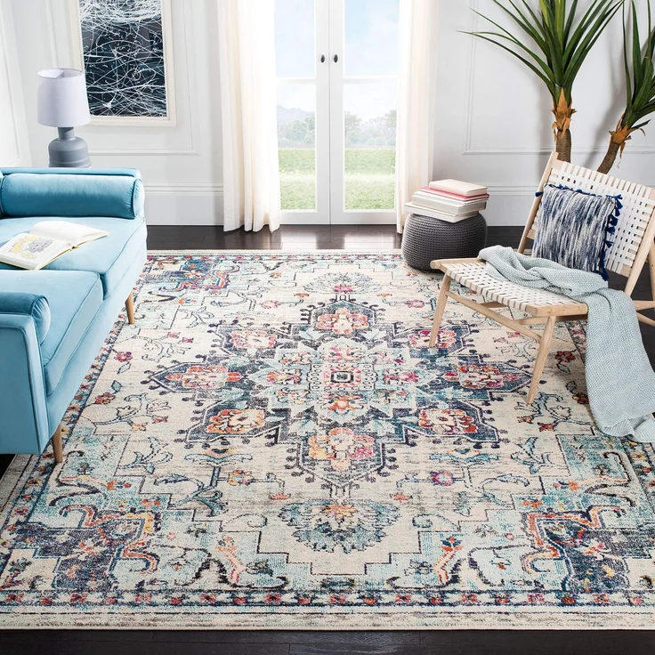 SAFAVIEH Boho Teppich für Wohnzimmer, Esszimmer, Schlafzimmer - Madison Collection, Kurzer Flor, Creme und Blau, 244x244 cm