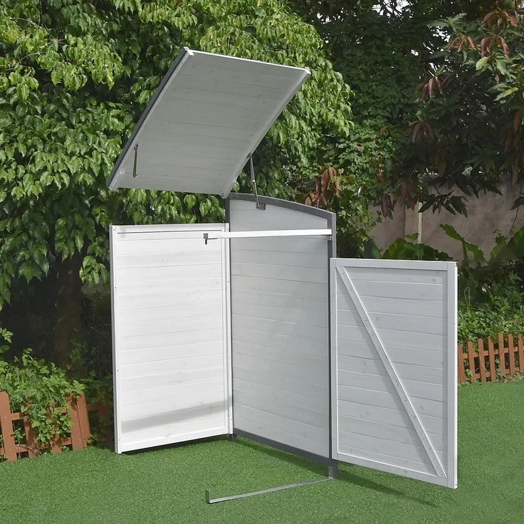 Mülltonnenbox Doppelbox Mülltonnenverkleidung Anbaubox Weiß Grau Mülltonne 240L Gartenbox Anbaubox Holz Anbau Deckel Grau Weiß Zinkdach – Bild 5