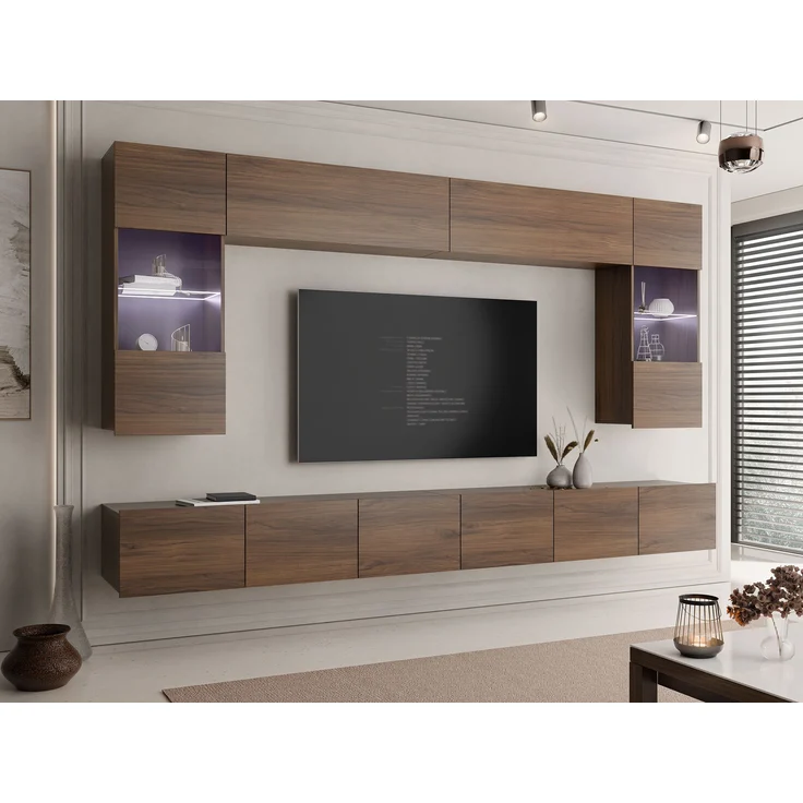 Wohnwand Calabrini I (Farbe: Nuss Warmia, mit blauer LED Beleuchtung) – Bild 2