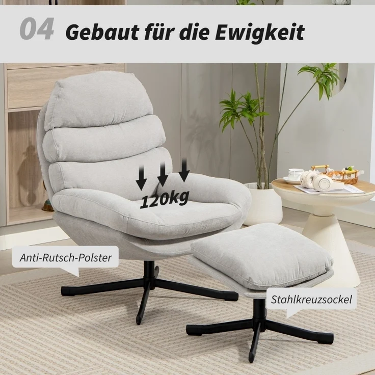 Relaxsessel mit Ottomane, Chenille, 360° drehbar, breite Sitzfläche, Stahlkreuzbasis, bis 120kg, gemütlich – Bild 6