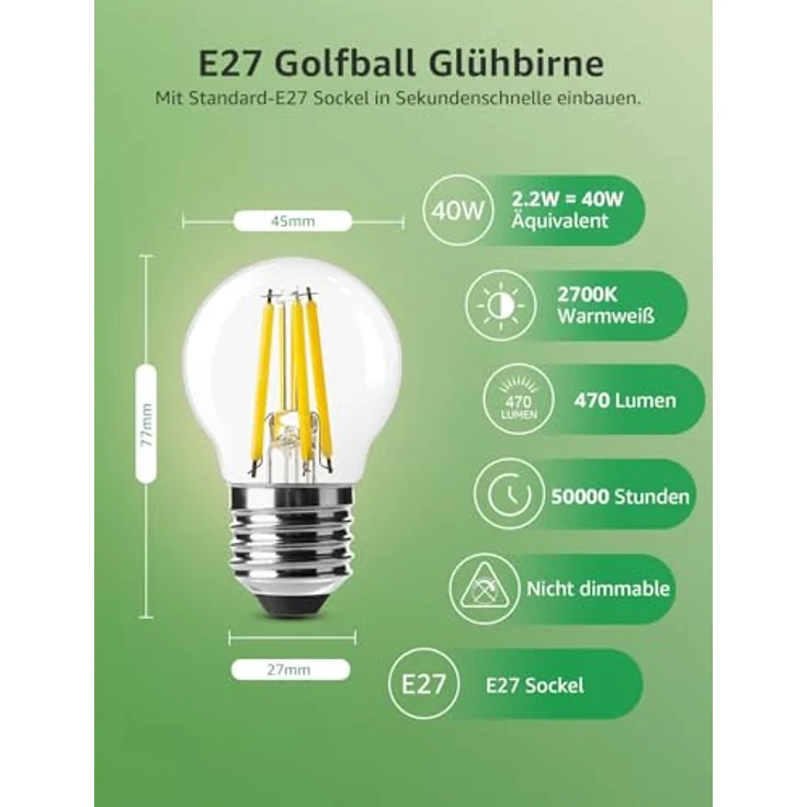 Lepro Energieklasse A E27 LED Warmweiss, 2.2W 470 Lumen Glühbirne E27, Nicht Dimmbar, G45 Led Birne, 2700 Kelvin Warmweiß, 300° Abstrahlwinkel Energiesparlampe, ersetzt 40W Leuchtmittel, 4 Stück – Bild 6