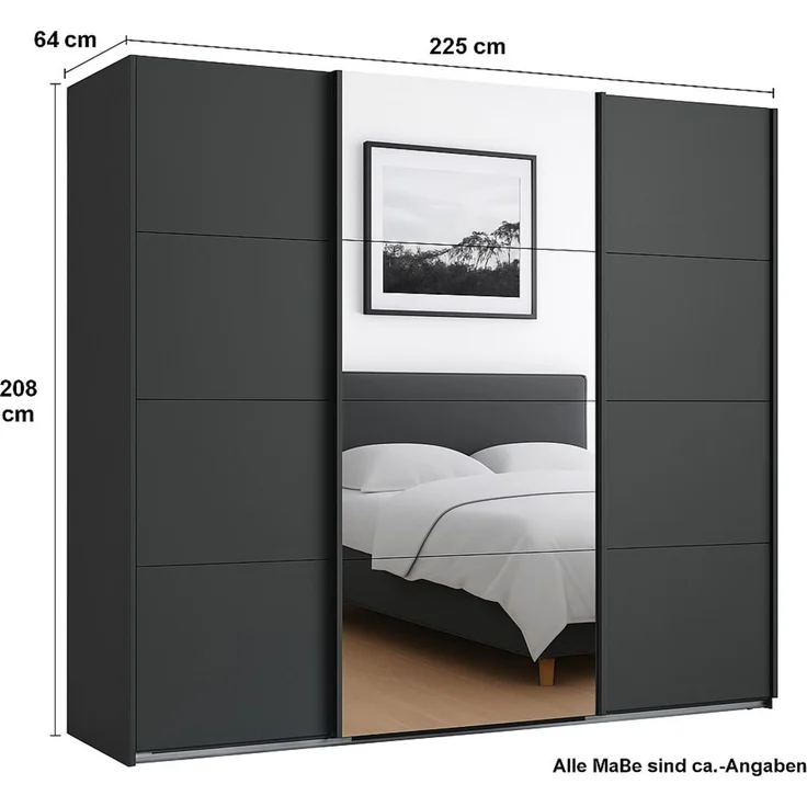 Schwebetürenschrank Kleiderschrank B225 cm H208 cm 3-türig Grafit, 1x Spiegeltür – Bild 5