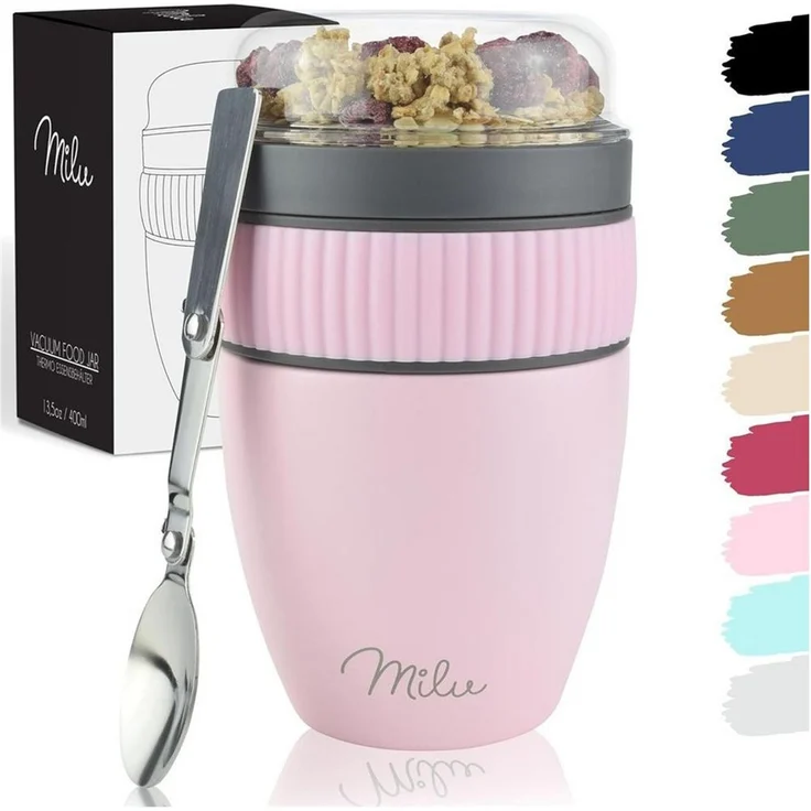 Milu Müslibox Müslibecher to go, isolierter Edelstahl Joghurtbecher für Müsli, rosa – Bild 1