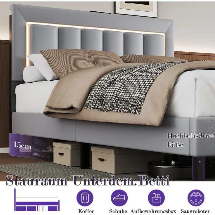 oyajia Polsterbett Bett Kinderbett Polsterbet Gästebett (Mit Lattenrost,PU-Leder material Polsterbett,Kinderbett, Kopfteil hochstellbar), mit LED-Beleuchtung, Ladefunktion,App/Fernbedienung – Bild 3