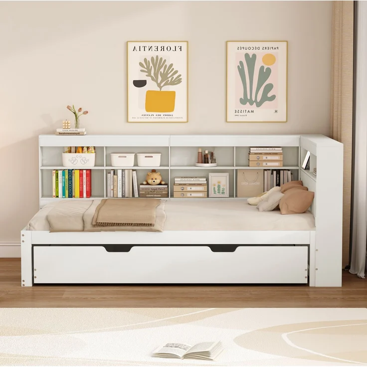 CHICFURN Bett aus Holz Weiß 90x200 cm als Ausziehbett mit Stauraum und USB-Anschluss – Bild 3
