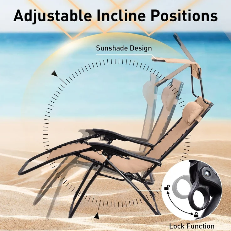 Todeco Liegestuhl klappbar mit Sonnenschutz, Sonnenstuhl mit abziehbare Kissen, Max Belastbarkeit 100kg, Strandliegestuhl leicht, Khaki – Bild 5