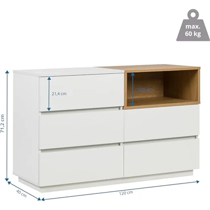 hjh LIVING Sideboard mit 5 Schubladen 120 x 40 x 76 cm MELMO S Schubladenkommode im skandinavischen Stil, griffloses Design, Weiß/Eiche – Bild 4