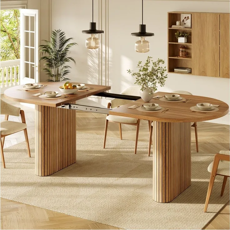 STILVORA Esstisch in Naturholz Ausziehbarer 120-160cm Küchentisch (Strukturbeine, abgerundete Ecken, 120–160cm, MDF, pflegeleicht, robust, verlängerbar), Für Esszimmer, Küche, Wohnbereich, Familienessen, Gästeempfang