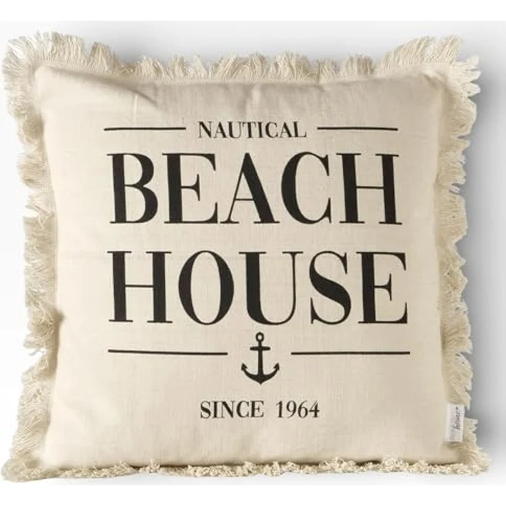 BOLTZE Dekokissen Kissen BEACH HOUSE beige schwarz maritimes Dekokissen 45x45 cm mit Fran – Bild 1