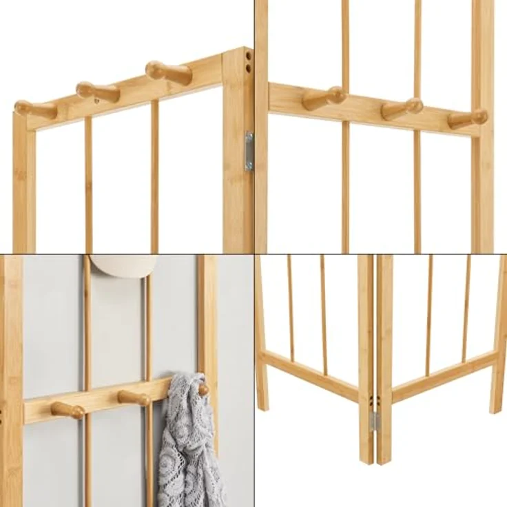 en.casa Eckgarderobe, klappbar aus Bambus, 12 Kleiderhaken, Platzsparend, Natur, 92x165.5x8 cm – Bild 7