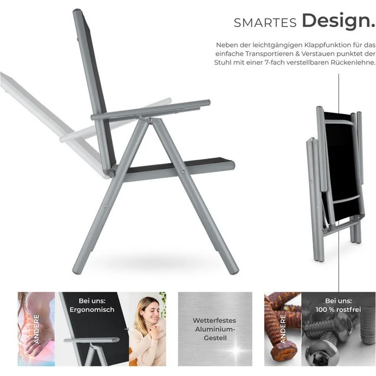 tectake® Aluminium Gartenstuhl 6er Set, Klappstuhl mit 7-facher Neigungsverstellung und hoher Rückenlehne, Gartenmöbel Set mit 6 Stühlen, klappbar, ideal für Garten, Terrasse und Balkon - Silber – Bild 2